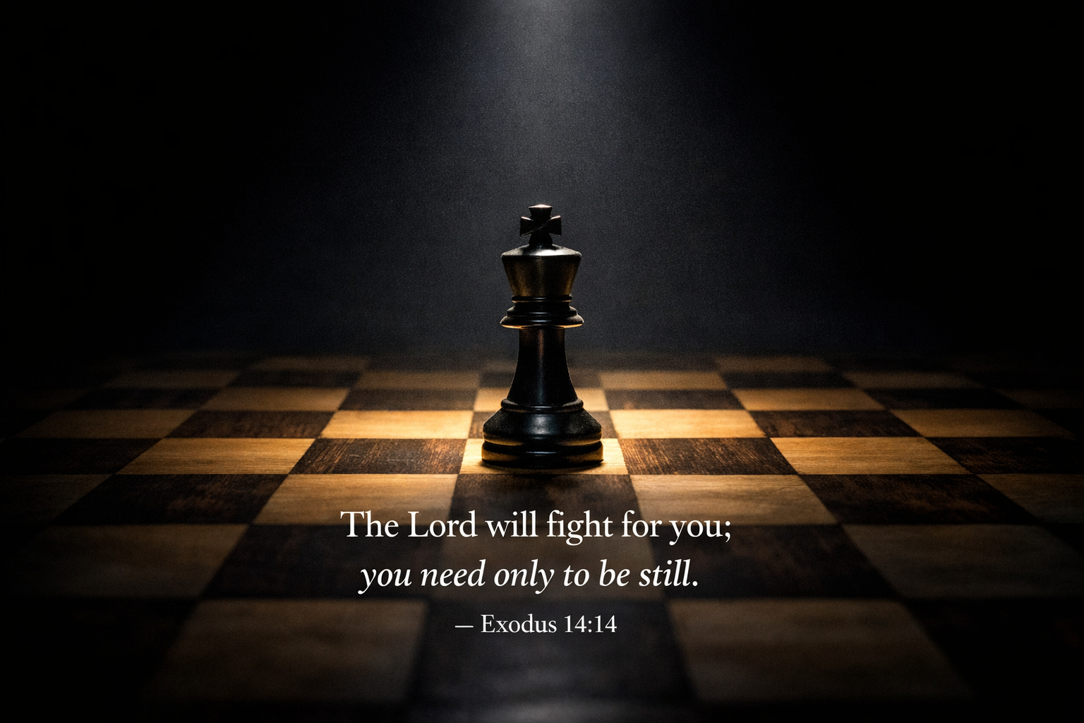 Exodus 14:14 Bible verse wallpaper - The Lord will fight for you - lone chess king piece standing in spotlight on dark board